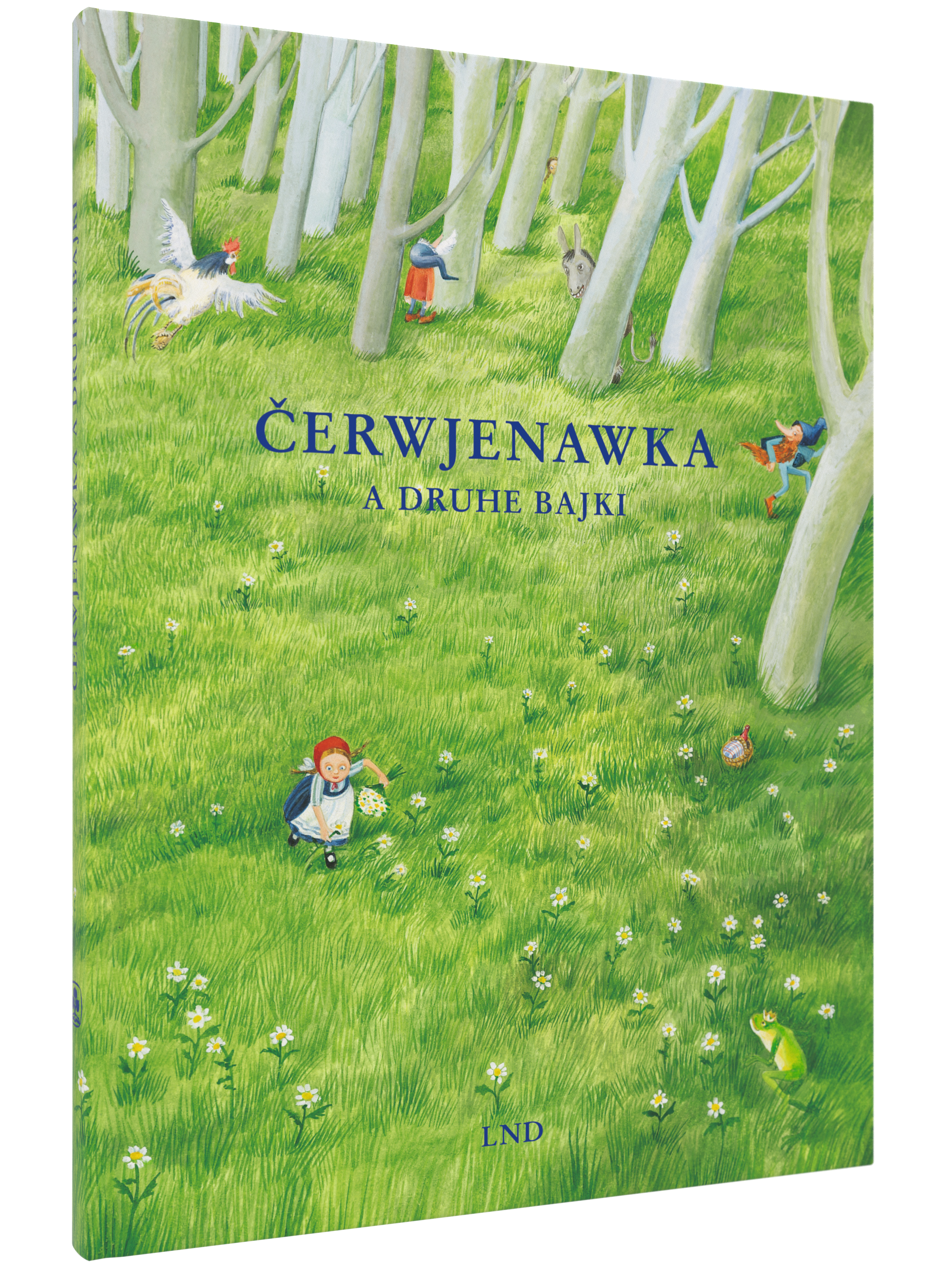 Wald mit Titel dem Titel des Buches in der Mitte, ein Mädchen mit roter Mütze welche Blumen sammelt, 3 Zwerge die Spielen