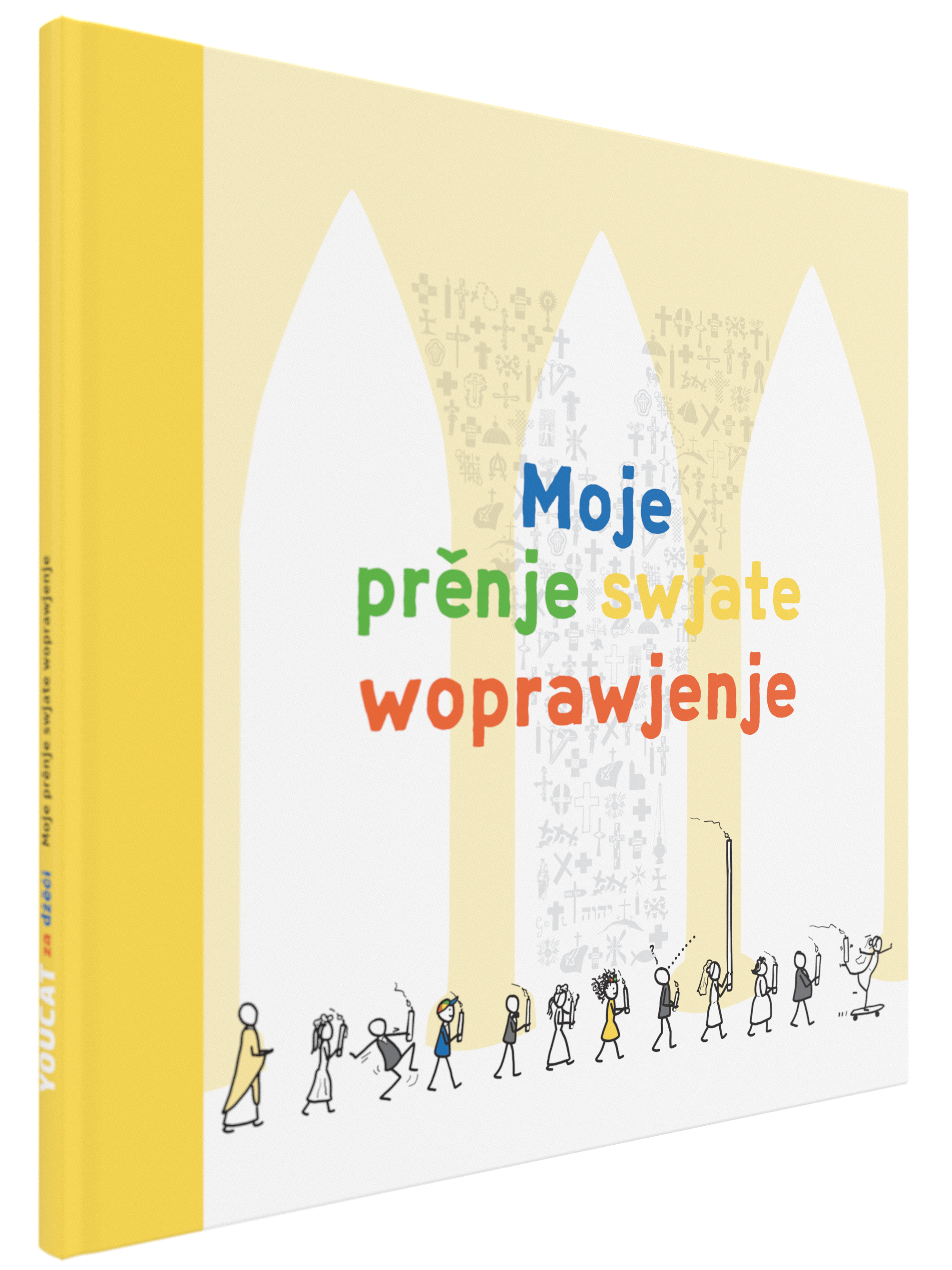 Titel buchumschlag abstraktes Kirchengewölbe mit handgemalten kinder und Pfarrer die hintereinander laufen