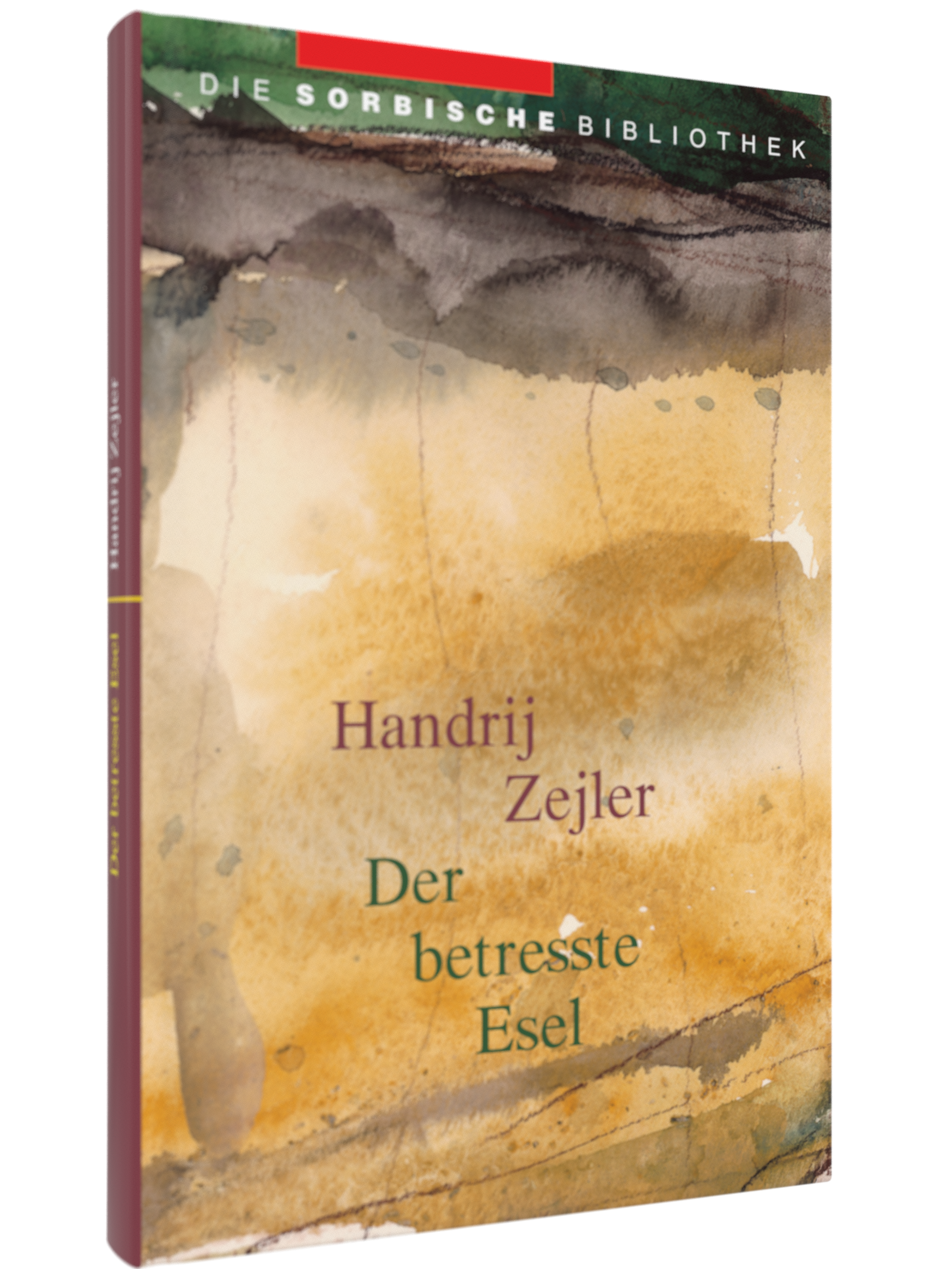 Cover von Der betresste Esel von Handrij Zejler. Zusehen ist ein gelb-braun-grünlicher Hintergrund.