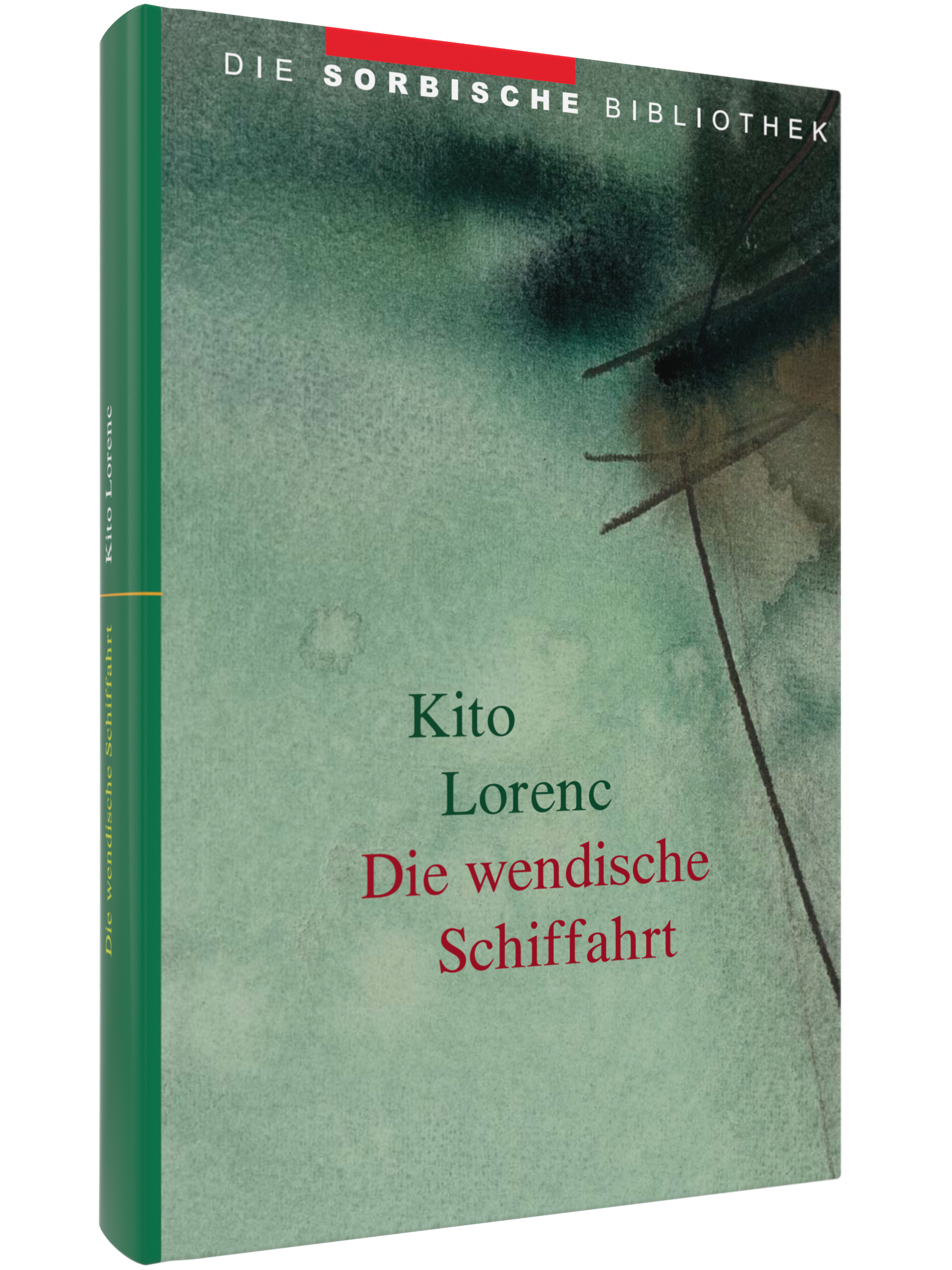 Buchtitel: 'Die wendische Schiffahrt' von Kito Lorenc, veröffentlicht im Domowina-Verlag. Das Cover zeigt abstrakt dargestellte maritime Elemente in grüner, brauner und türkiser, die auf das Thema Schifffahrt hinweisen.