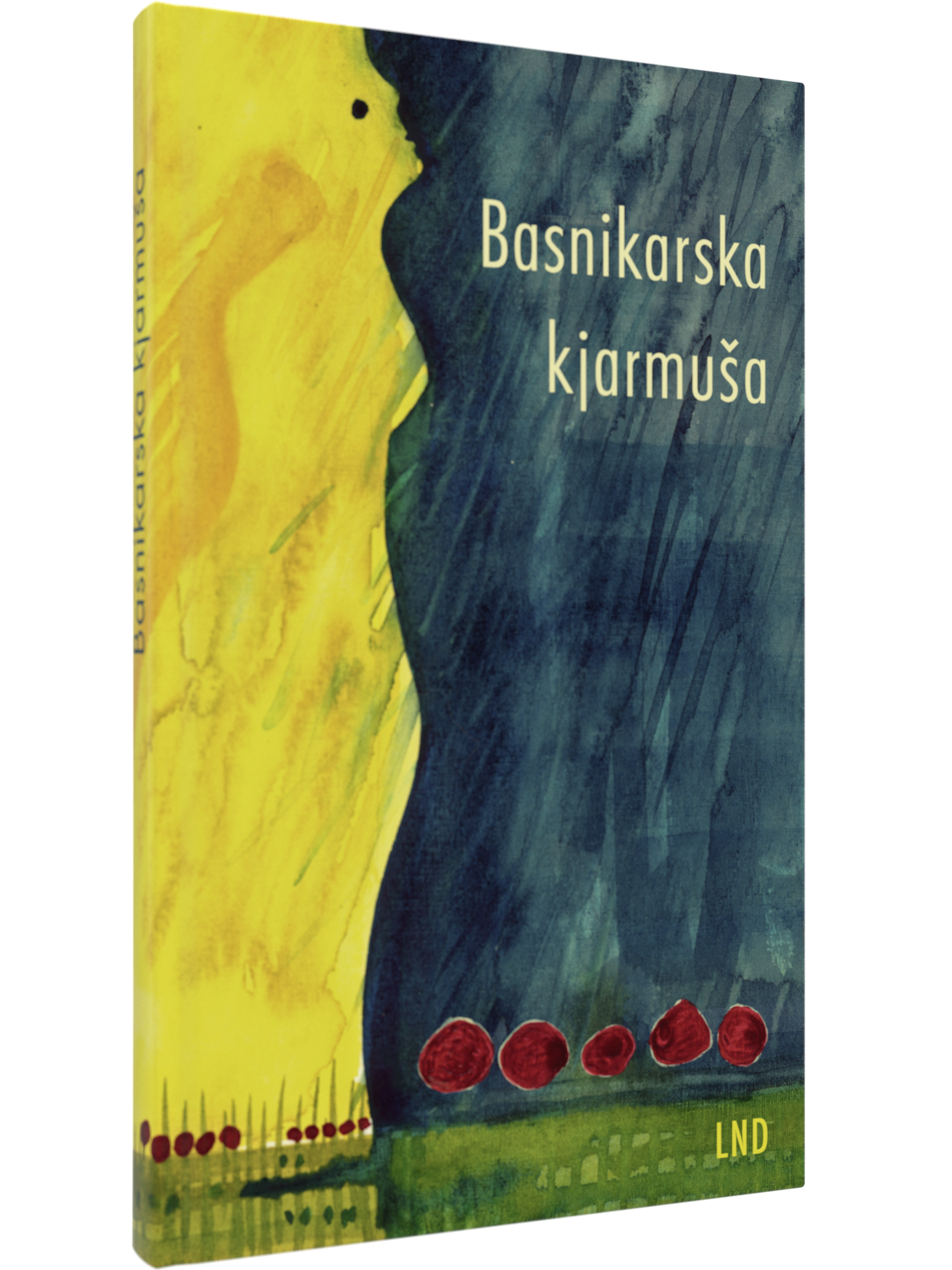 Buchcover von Basnikarska kjarmuša, erschienen im Domowina Verlag. Zusehen ist ein abstrakt dargestellter Hintergrund in Blau, Grün, Gelb und Rot.